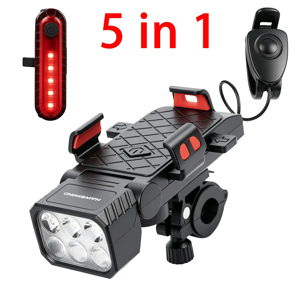 5-in-1 2-Piece Set LED Bike Light Bicycle Accessories - Electronic Horn, Headlight, Tail Light, Phone Mount, Power Bank, 5 Lighting Modes, Ultra-Bright Illumination, Night Riding Safety, Ideal for Cyclists & All Bicycle Types, Father's Day Gift
