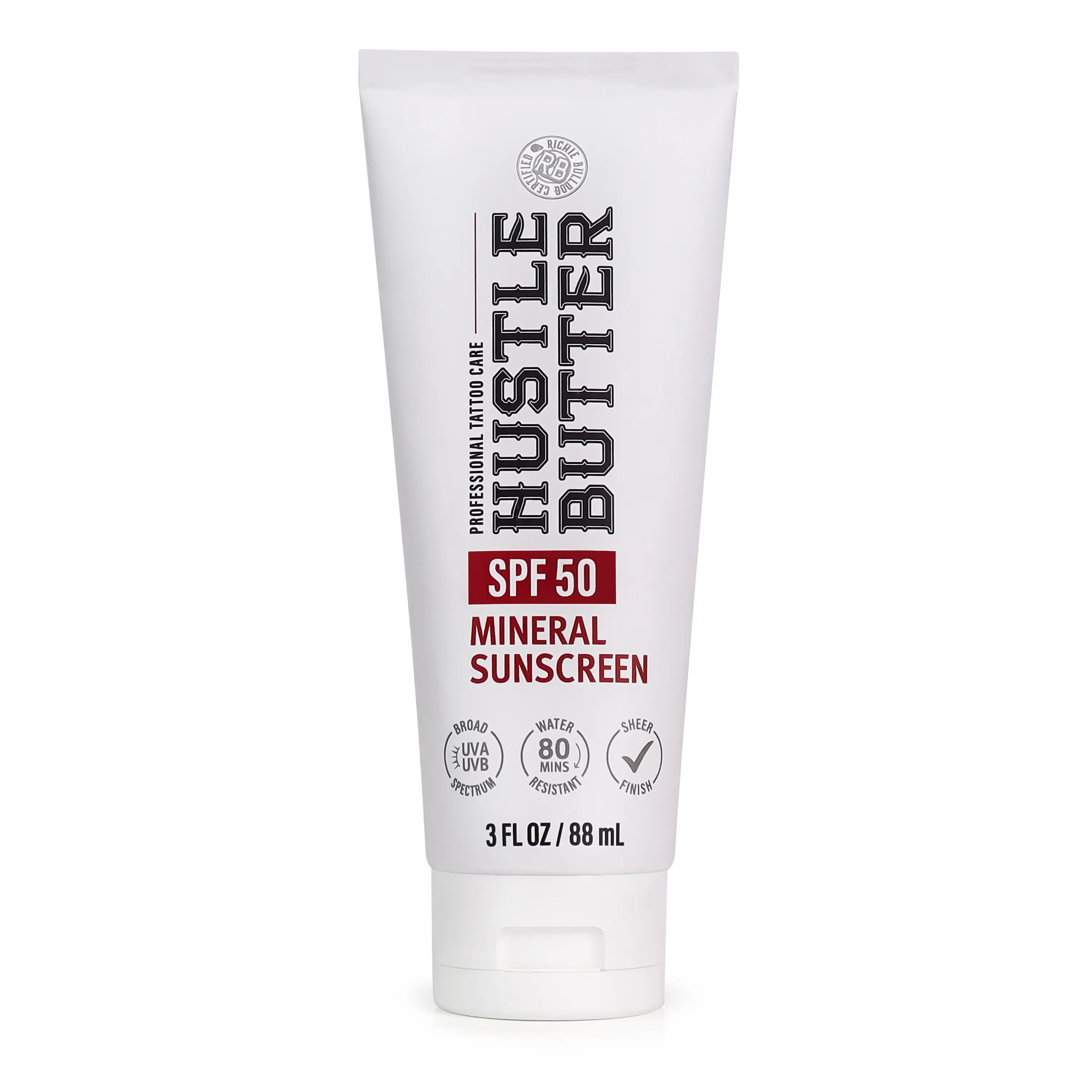 Hustle Butter Tattoo Sunscreen - Mineral Sunscreen Lotion, SPF 50, TSA-Friendly, Water Resistant, 3 oz