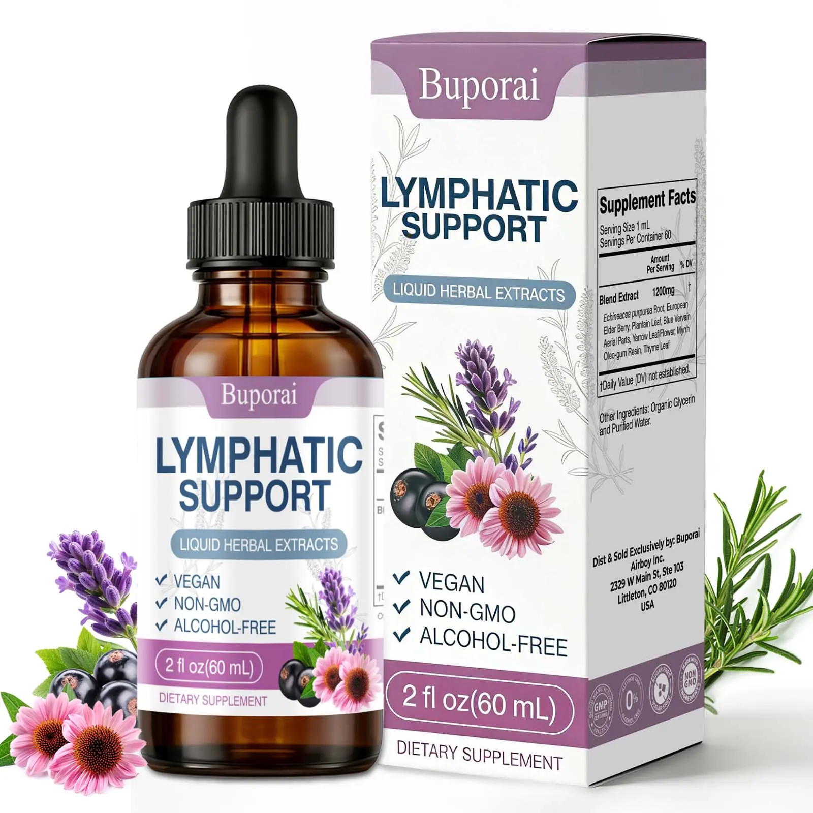 Buporai Lymphatic Drops — Formulated with Natural Ingredients (Including Echinacea & Elderberry) | Blue Vervain | Vegan | Alcohol-Free | Non-GMO |
