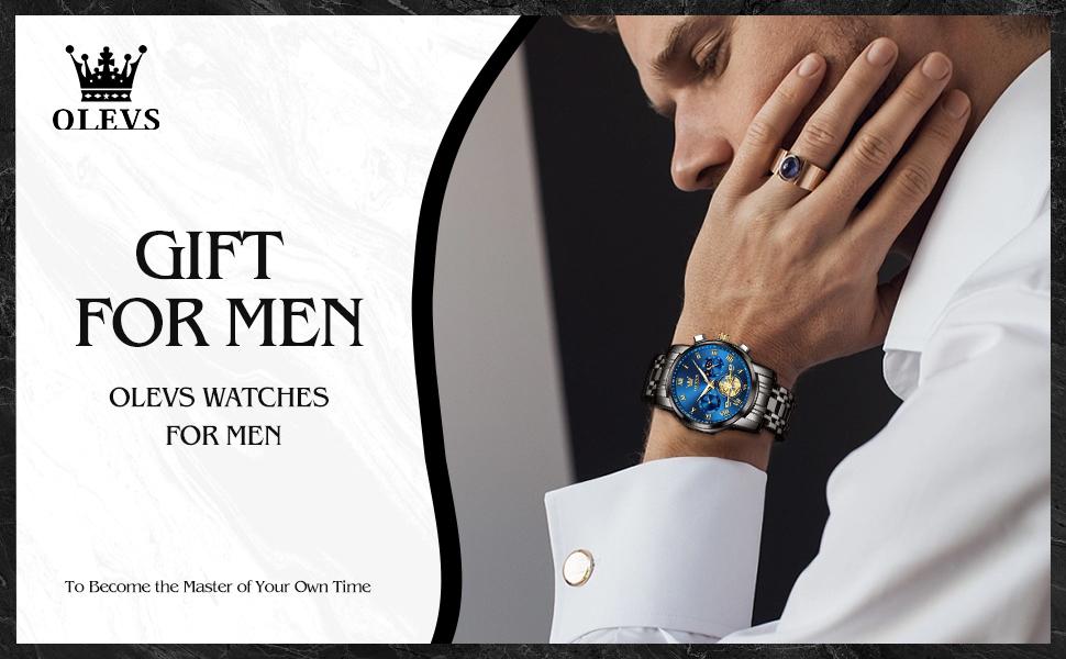 OLEVS Men's Casual Stainless Steel Watch 42mm Dial Waterproof Calendar Moonphase Chronograph Date Analog Quartz Men's Gift