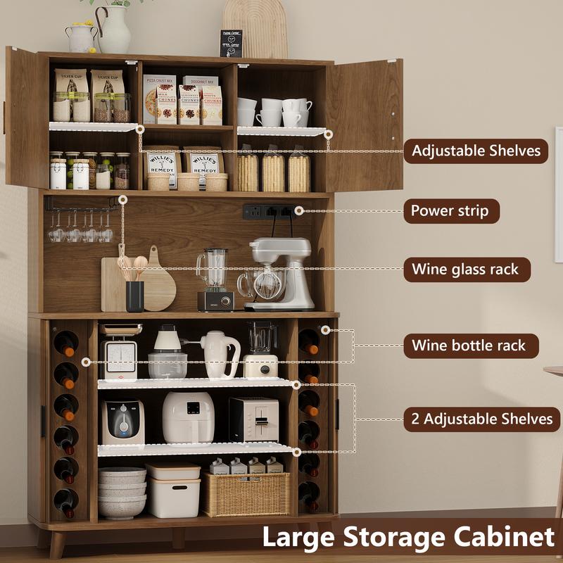 Aowos 71” Pantry Cabinet with Charging Station, Tall Kitchen Storage Cabinet with 2 Sliding Tambour Doors, Hutch Bar Cabinet with Built-in Wine Rack and Adjustable Shelves, Freestanding Buffet Sideboard for Kitchen, Dining Room, Walnut, Black, Natural Aowos 71” Pantry Cabinet with Charging Station, Tall Kitchen Storage Cabinet with 2 Sliding Tambour Doors, Hutch Bar Cabinet with Built-in Wine Rack and Adjustable Shelves, Freestanding Buffet Sideboard for Kitchen, Dining Room, Walnut, Black, Natural