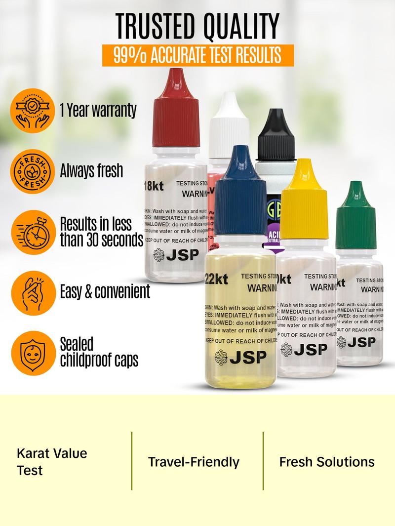 JSP 18K Gold Jewelry Acid Test Kit for Bars Coins Precious Metals w/ GTE Test Stone Fast Fun Accurate Karat Value Testing Solution - Engagement Ring
