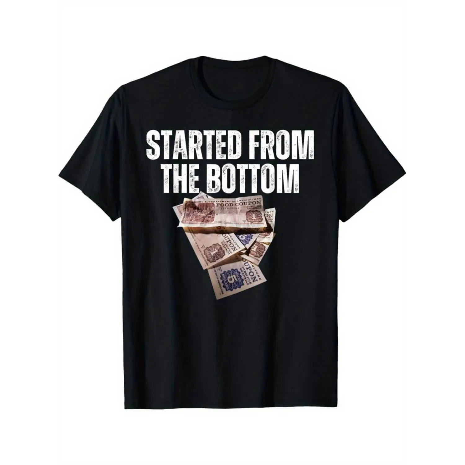 Soft Short Sleeves Started From the Bottom Food Stamp Coupon T-Shirt for Men" - Black Cotton Tee, Perfect for Vacation Trips and Humor Lovers Breathable Fabric