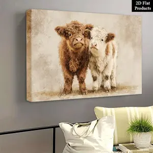 Rustic Farmhouse Highland Cow Calves - Framed Canvas Painting with Two Adorable Calf Pictures, Frame & Wrap-Around Canvas Suitable for Living Room,, Valentine's Gifts, Scottish Cow Decor (Available for Quick Delivery), 2D Flat	