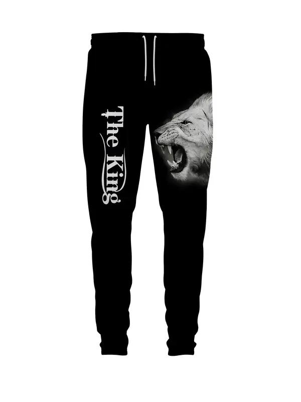 Men's Stylish 3D Lion Print Set Street Trendy Cool Style Fitness And Casual Two-Piece Set