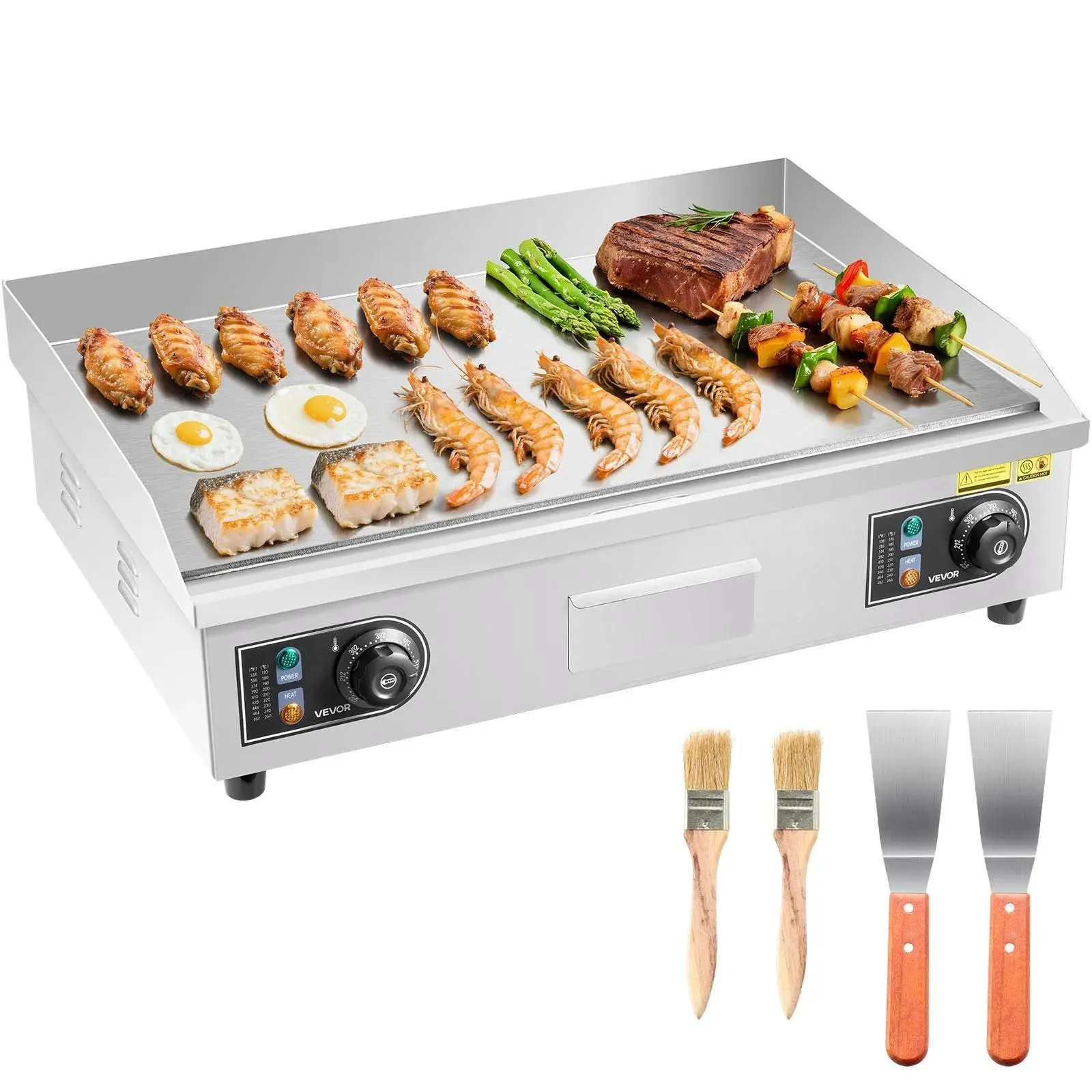 【Summerfinds】VEVOR Commercial Electric Griddle, 25.79 x 15.75 inch, 2800W, 122-570°F Adjustable Temp Control, Stainless Steel Body, Full Flat, with 2 Spatulas, 2 Brushes, and 4 Foot Pads, for Steak, Pancake