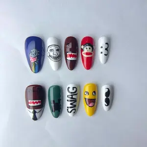 Funny Meme Press On Nails with Cartoon Faces, Hand Painted Fake Nails, Colorful Funny Cartoon Nail Art, Handmade Fake Nail Set for Women