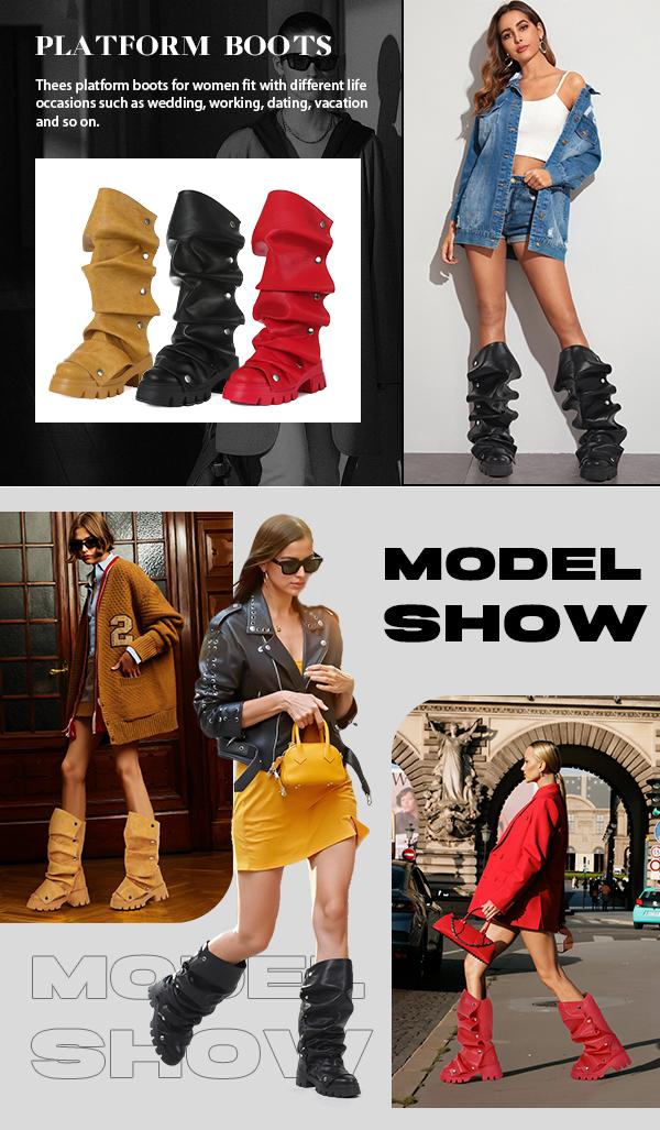 EROCALL Women's Knee High Thigh High Slouchy Boots Round Toe Ruched Stiletto Heel Shark Booties for Office Party Walking Shoes Footwear SpringStatements