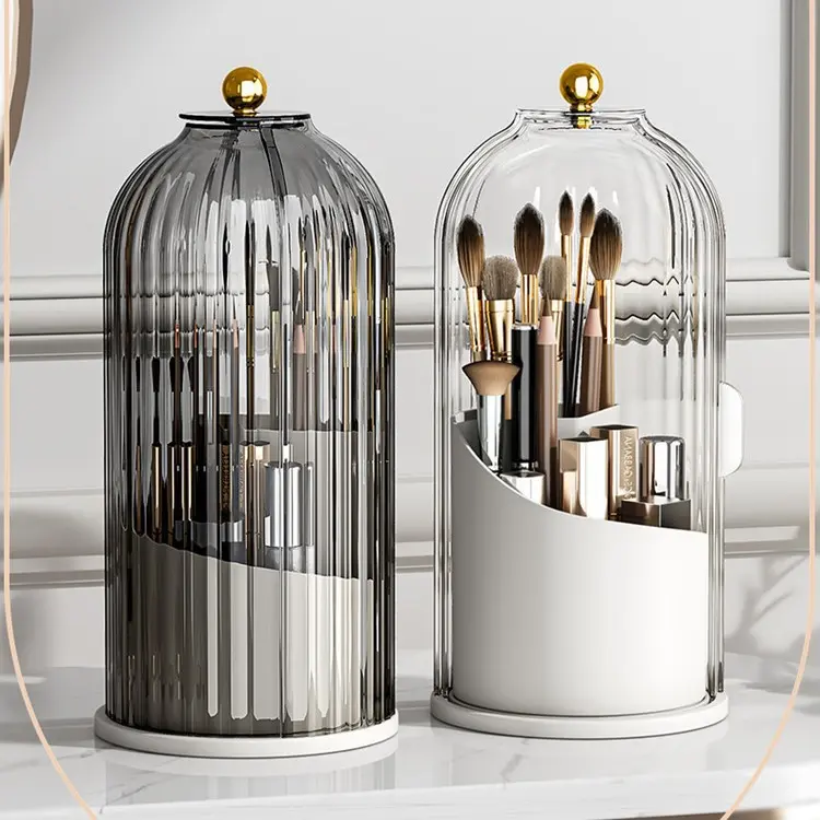 Rotatable Makeup Organizer - 360-Degree Dustproof Premium Transparent Plastic Compartmental Home Storage Box with Key Lock, Eco-Friendly Silicone-Free Vanity Desktop Pen Holder, House Organizers