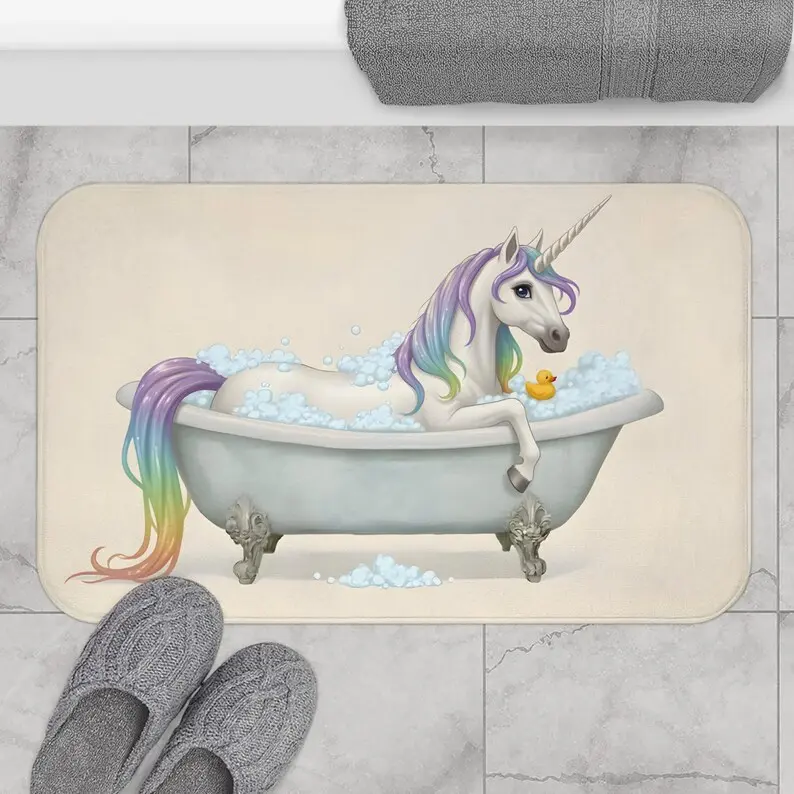 Unicorn Bath Mat, Cute Unicorn in Bathtub Bathroom Decor, Unicorn Lover Gift, Fantasy Bath Rug,Bedroom, Or Study Decor Fast Drying Anti-Slip Soft Carpet For Bathroom Shower Laundry Room Kitchen All Season Home Decor Bathr Soft Flannel Bath Mat