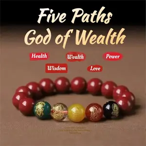Five Gods of Wealth bracelet, red cinnabar, feng shui ornament, symbolizing good luck and prosperity, wealth protection, spirituality and balance—an ideal choice for entrepreneurs and professionals