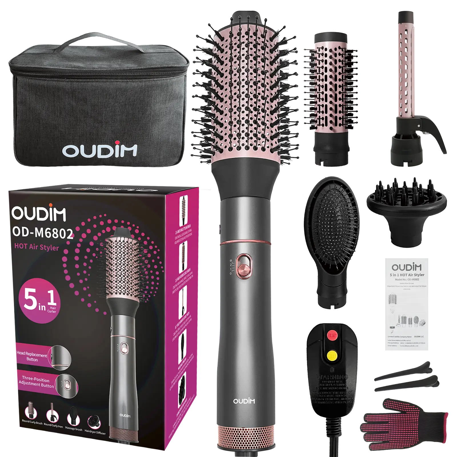 5 in 1 Hair Dryer Brush Blow Dryer Brush Set, Hot Air Styler with Multiple Lengths Suitable for Variable Needs for Hair Curling, 3 Temperature and Wind Settings, Travel Bag