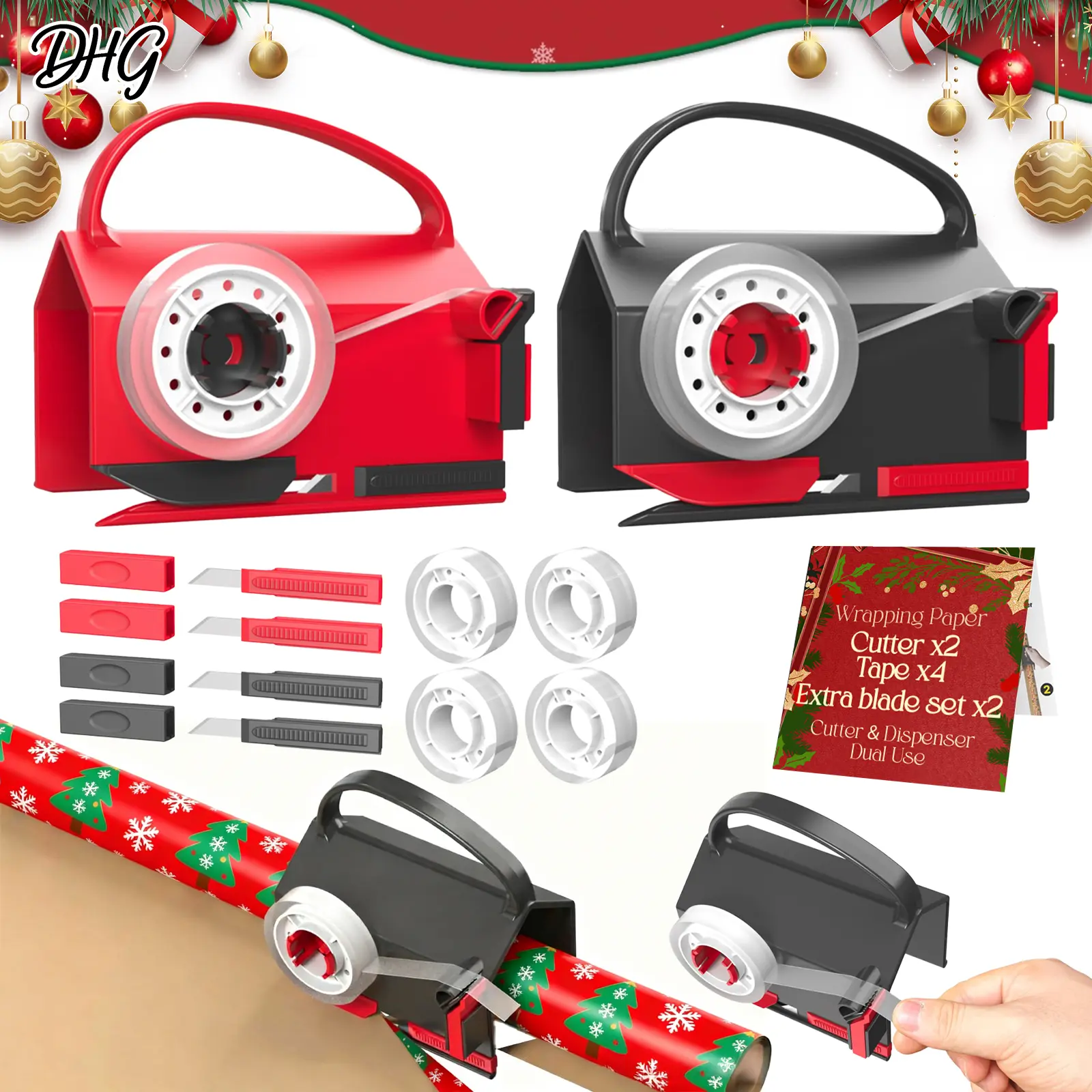 HYPEBAR 2 Pack Dual-Use Wrapping Paper Cutter & Tape Dispenser Kit, Includes 4 Rolls Tape & 2 Replacement Blades, Sliding Roll Slicer Holder for Christmas Kraft Cellophane Paper, Home Office Classroom Birthday Gift Cutting Supplies, Classroom Supplies,