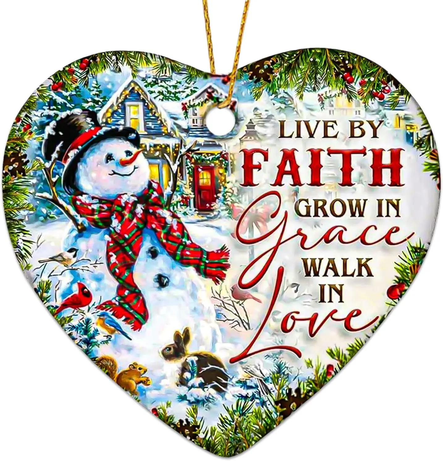 Snowman Christmas Ornaments 2025, Ceramic Snowman Ornaments for Christmas Tree - Live by Faith, Grow in Grace, Walk in Love, Religious Christian Ornament Gift for Family Friends