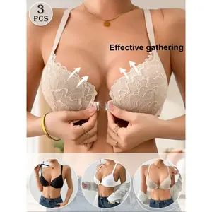 3 Piece Lace Push-Up Bra Set, Underwire Brassiere, Front Snap Easy Wear, T-Back Design, Multiple Colors Available, Comfortable for Daily Wear and Parties