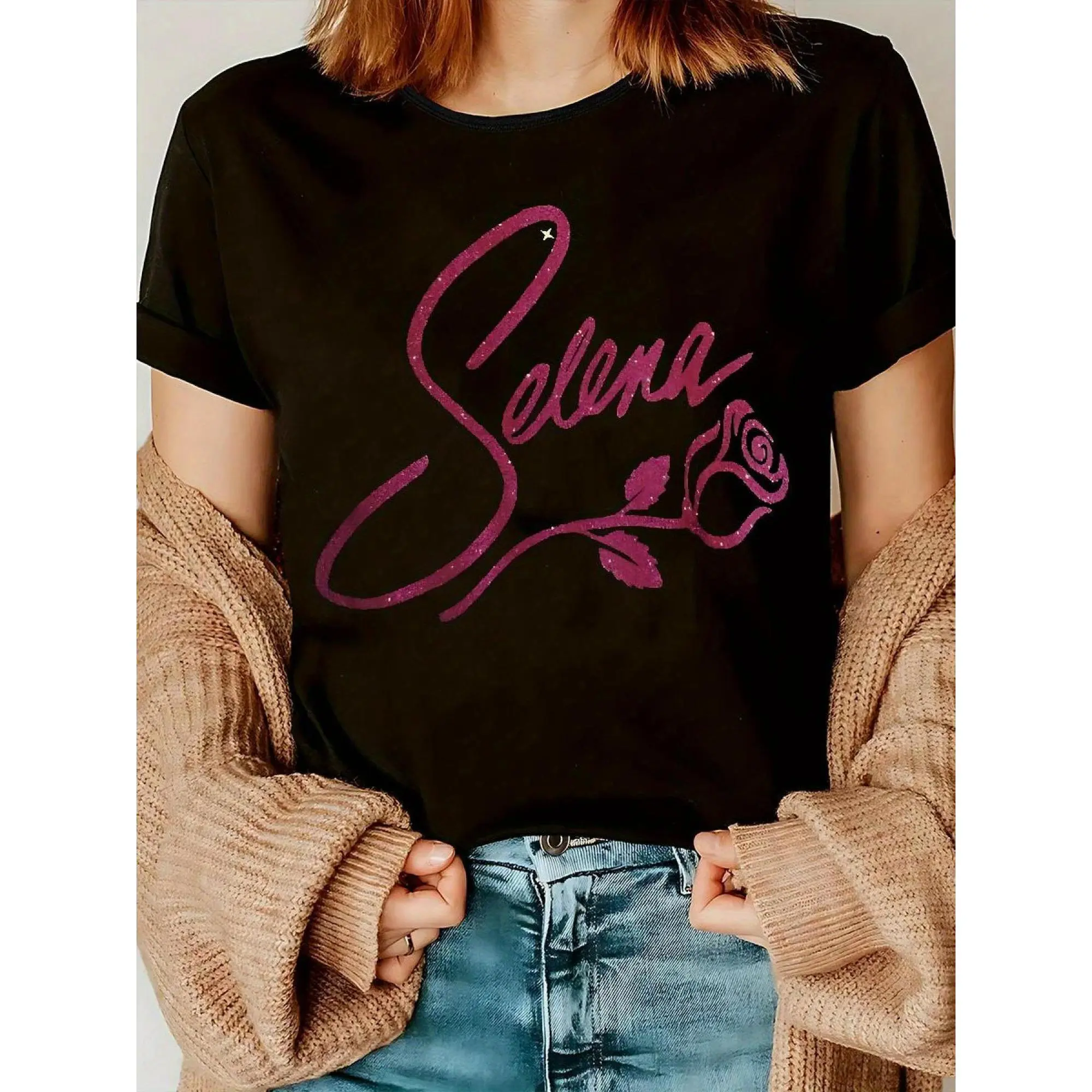 Women's Selena Graphic T-Shirt, 100% Cotton Round Neck Short Sleeve Casual Streetwear Top, Selena Print, Size S