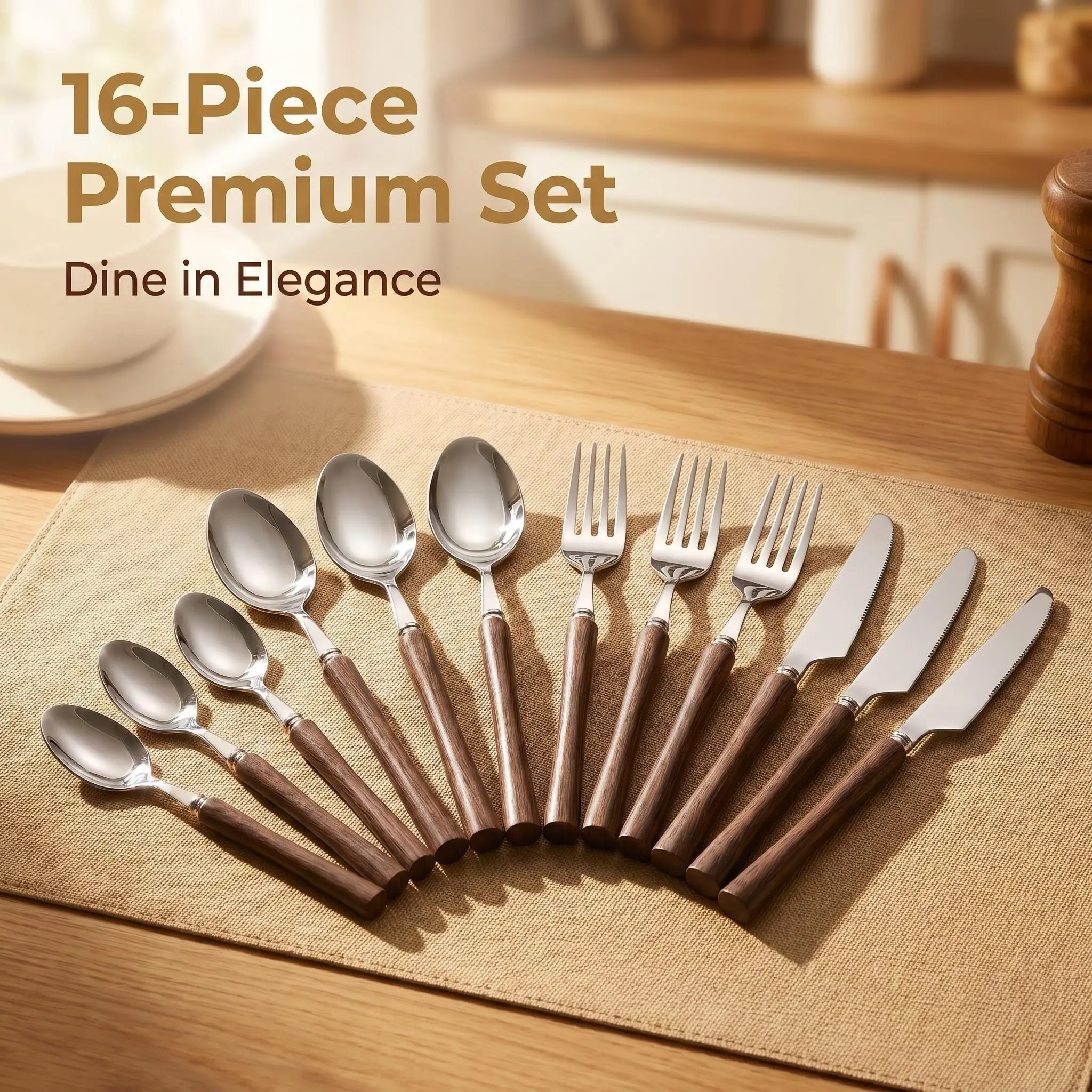 16-Piece Vintage Cutlery Set, 304 Stainless Steel Wooden Steak Knife Fork Spoon, Western Dining Tableware Utensils, Cake Sweet Dessert Spoons Forks, Cutlery Utensil Sets, Fork And Spoon Set