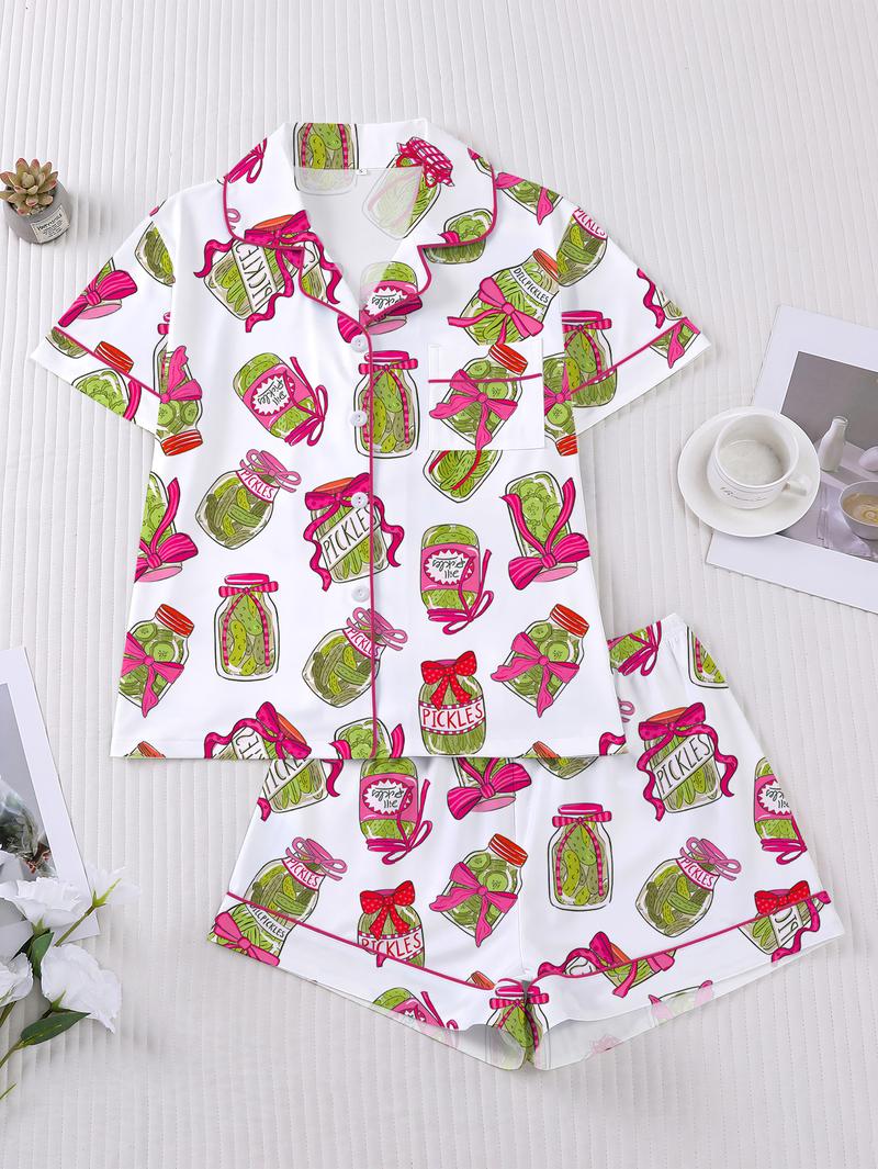 Elegant women's sleepwear set with knitted fabric short sleeved button top and shorts, pickled cucumber print home clothes, casual one-piece cartoon pattern sleepwear combination, lemon design essential short sleeved fashionable women's pocket style