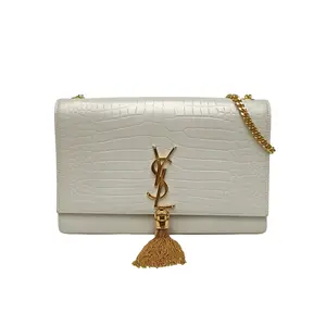 Pre-owned Yves Saint Laurent leather Tote Bags KATE Medium size 24 crocodile embossed sequin white C gold buckle