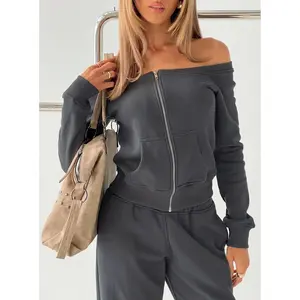Airazo Off Shoulder Zip Through Jumper Grey