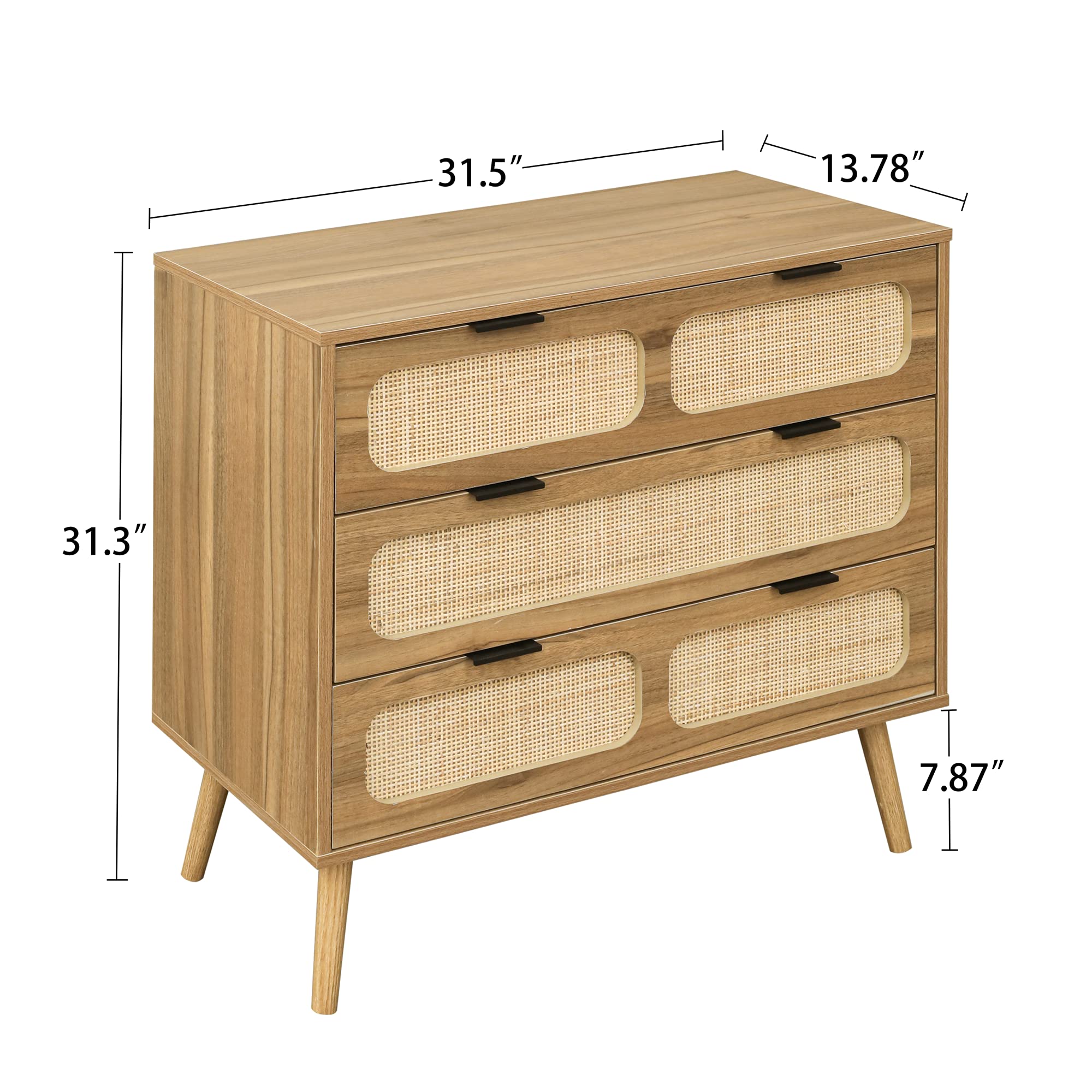 Giratree 3 Drawer Dresser, Modern Rattan Dresser Chest with Wide Drawers and Metal Handles, Farmhouse Wood Storage Chest of Drawers for Bedroom, Living Room, Hallway, Entryway