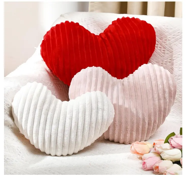 Valentine's Day Heart Pillows Ribbed Heart Shaped Throw Pillows Large Love Heart Pillows Red Ivory and Pink Heart Pillows for Women Girls Couch Bed