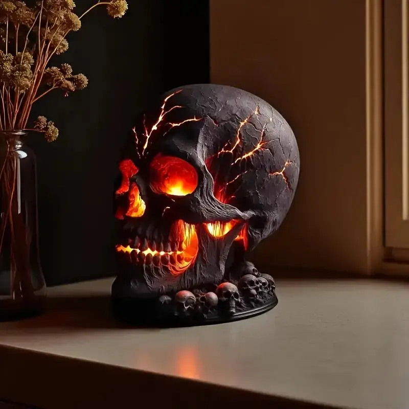 Halloween Lava Skull Night Light - Ghost Flame Lamp Suitable for Bedroom or Desk, Gothic Bedside Decoration, Horror Gift, Haunted House Decoration with USB Switch, Resin Craft