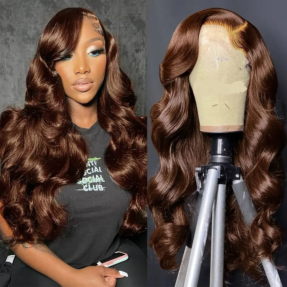 ILYquel Hair #4 Light Brown Body Wave 13x6 Hd Transparent Lace Frontal Wig Light Chocolate Brown Human Hair Wigs with Natural Baby Hair For Black Women