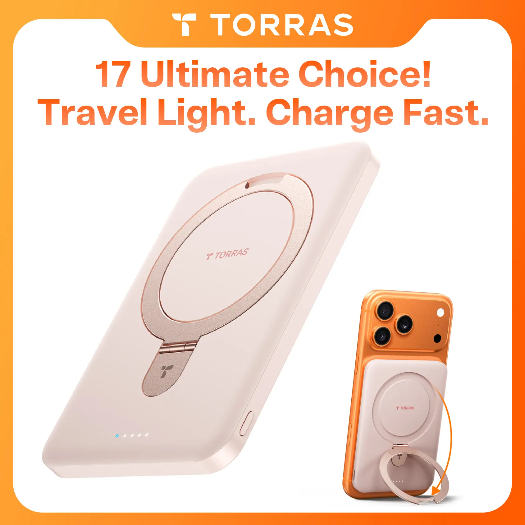 TORRAS EasyGo 0.45in Slim Magnetic Power Bank, 5000mAh 22.5W Fast Charging Wireless Charger with Circuit Protection, MagSafe-Compatible for iPhone 17/16/15/14/13/12 Air/Pro/Pro Max, Adjustable Device Protection, Rose Gold Father's Day Gift, Iphone 13