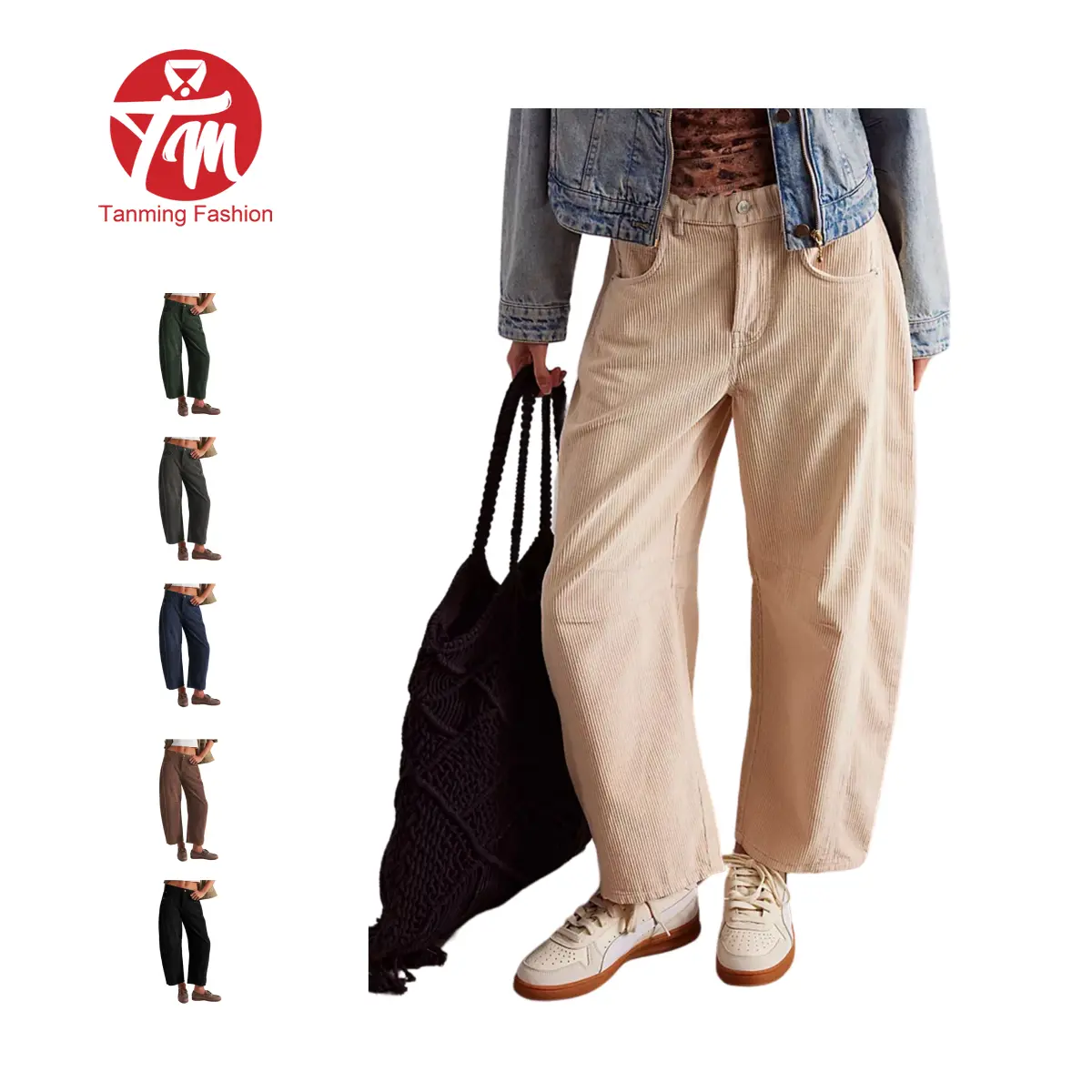 Tanming Women's Vintage Corduroy Wide-Leg Pants Mid-Rise Elastic Waist Bottoms with Pockets, Minimalist Basic Spring Casual Baggy Trousers