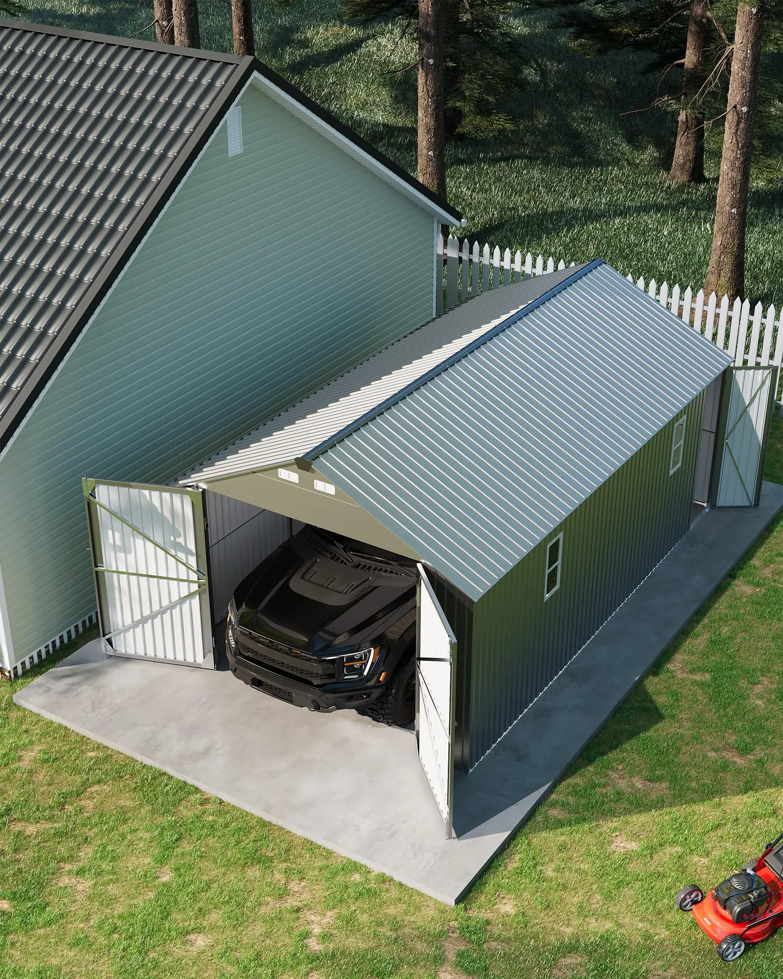 12x20 ft Enclosed Metal Car Port, Carport with Vertical Steel Roof for All-Weather Use, Metal Garage Shed with Man Door for Full-Sized Pickup Trucks & SUV, Gray
