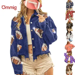 Ommig Womens Game Day Corduroy Sequin Football Cropped Jacket Rugby Oversized Lapel Button Down Shirt Shacket Coat