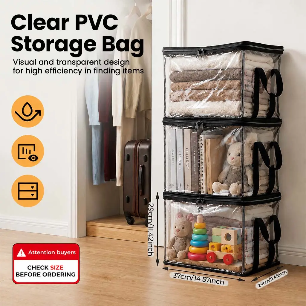 【TikTok Shop Back to School】Clear PVC Storage Bag, Stackable Moving Bags with Handles and Zipper, Foldable Transparent Storage Tote for College Dorm, Apartment, Travel Packing, Clothes, Shoes, Books, Toys, Under Bed, Space Saving, Moving Supplies