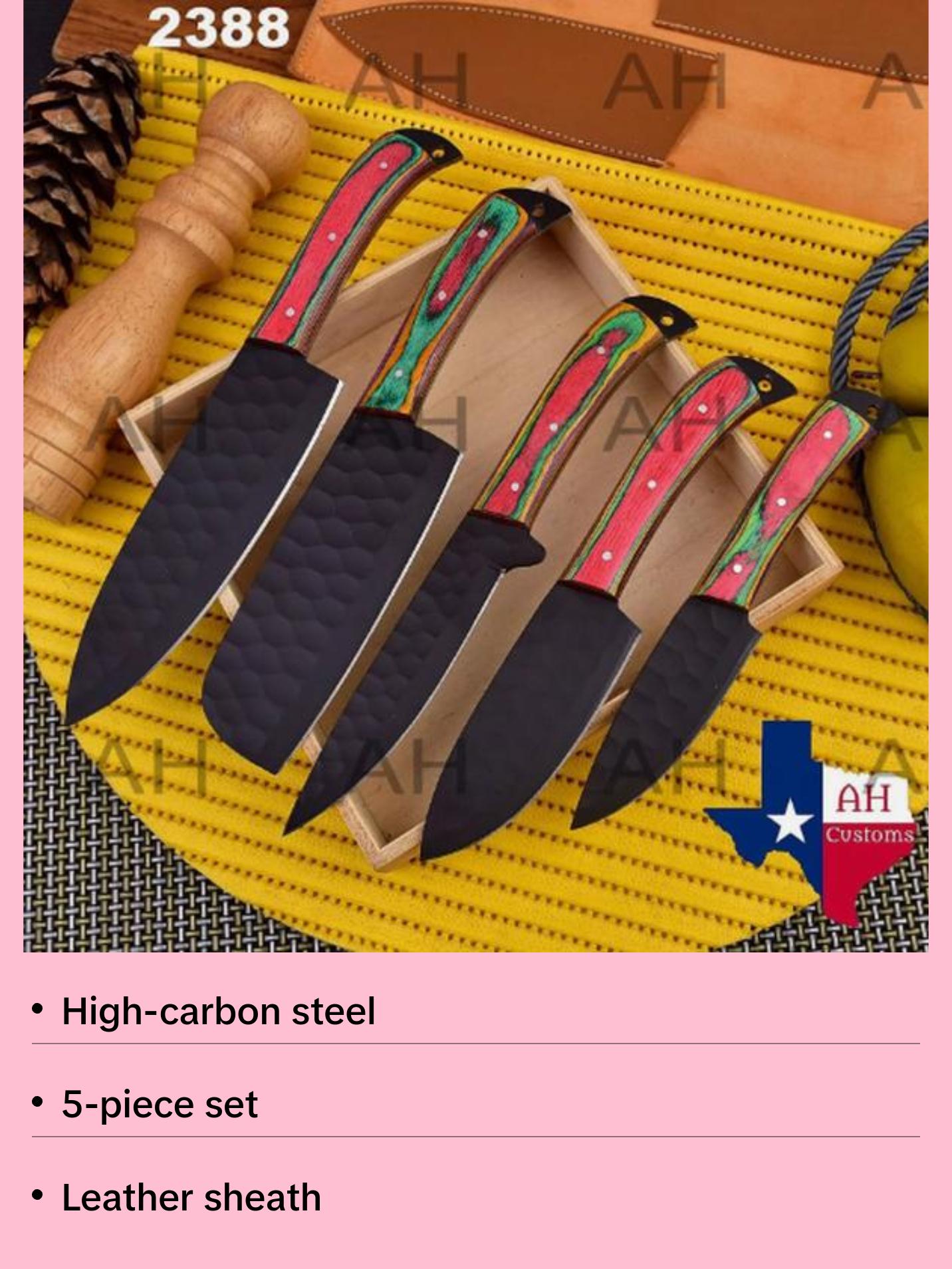 5 Piece Kitchen Knife Set, Chef Knife Set, Black Kitchen Knife Set Sharp Meat Knives Multi Color Wood Handle, Chef's Knife, Meat Cleaver,Rainbow Kitchen Knives, Paring Knife, Sturdy Wooden Handle. Sharp Blade. 2388 Steel Steak Knife Block Block