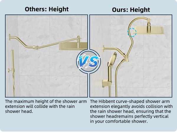 Hibbent All Metal High Pressure Rainfall Shower Combo/Handheld Showerhead Combo with 12'' Adjustable Curved Shower Extension Arm, 10-Spray, 71'' Hose, Showerhead Holder, Brushed Gold
