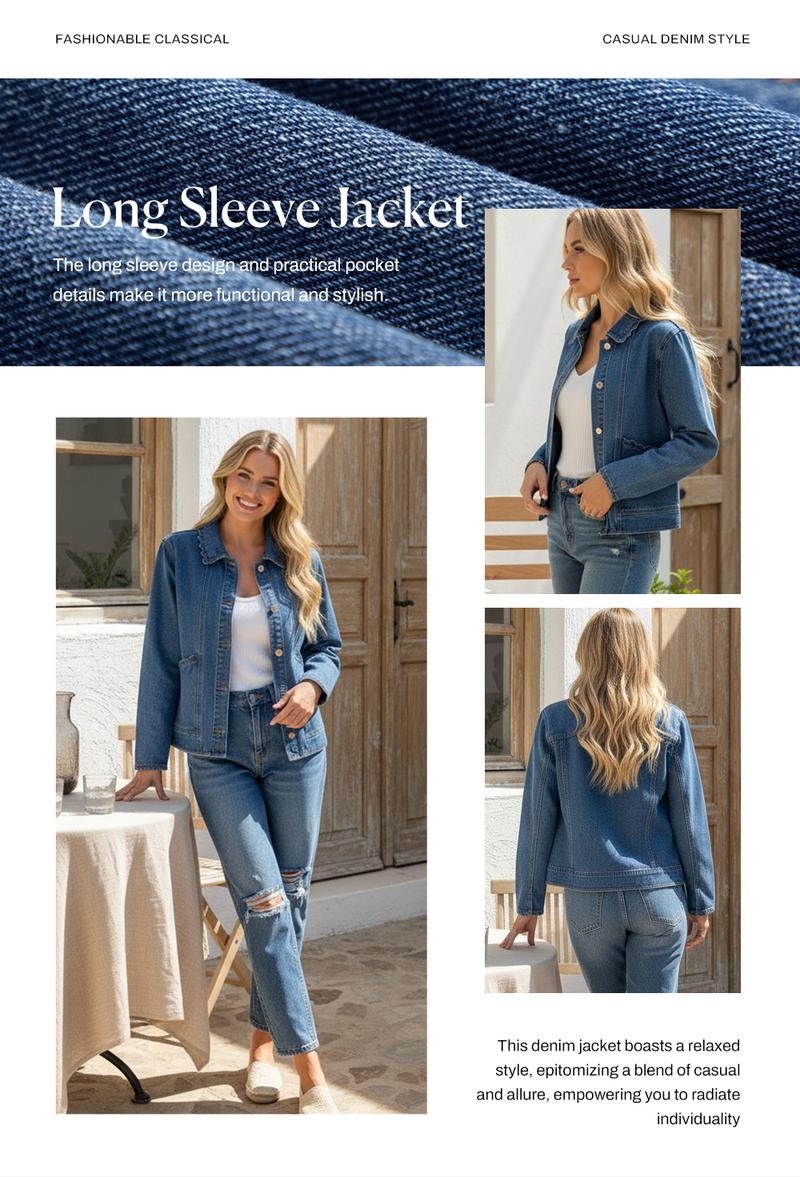 Sidefeel Women's Jean Jacket Long Sleeve Button Down Ruffled Denim Jacket Shacket