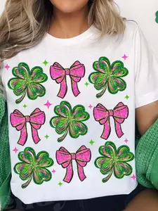 Cotton Retro Coquette St Lucky Patricks Day Shamrock Heart Tshirt Lucky Four Leaf Clover Design Tshirt Gift Crew Neck Short Shirt Gift for Her