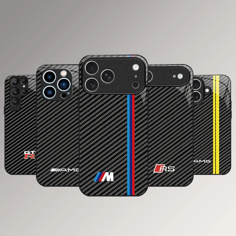 5 Styles Carbon Fiber BMW M AMG RS GTR Sport Car Logo Art Phone Case, Slim Anti-Drop Protective Cover, Performance Car Enthusiast Design Case for iPhone 16/15/14/13/12 Pro/Plus