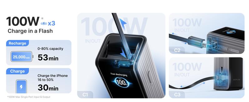 【Exclusive TikTok Gift】ECOFLOW Rapid Power Bank, 25,000mAh, 170W, 100W Built-in and Retractable Cables, Portable Charger with Triple 100W USB-C Port, Compatible with iPhone Series, Samsung, Laptop and More, Silver Travel Battery Pack