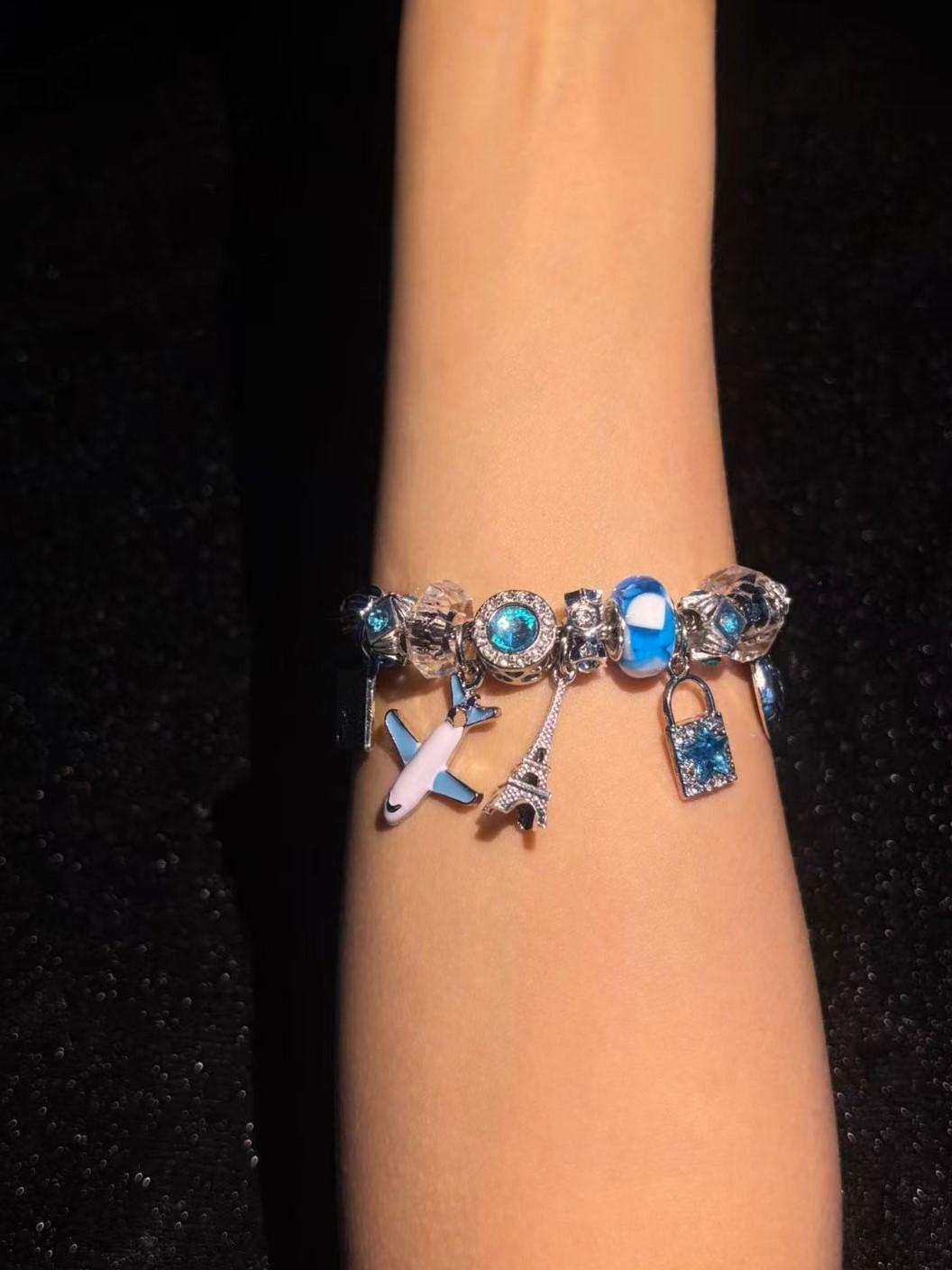 Travel Theme Charm Bracelet, Silver Tone Snake Chain Bracelet with Airplane, Eiffel Tower, Passport, Globe Lock Dangle Charms, Blue Crystal Beads Travel Souvenir Jewelry Gift for Women Girls