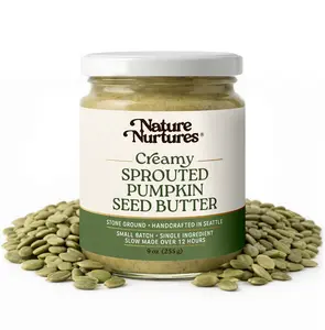 Creamy Sprouted Pumpkin Butter · 100% Sprouted Pumpkin Seeds · Single Ingredient · No Fillers · Raw · Stone Ground for 12 Hours · Handcrafted in USA · High Protein · 100% Pure & Natural · No Added Sugar · No Palm Oil · Packed in Glass Jar · 9 oz (255 g)