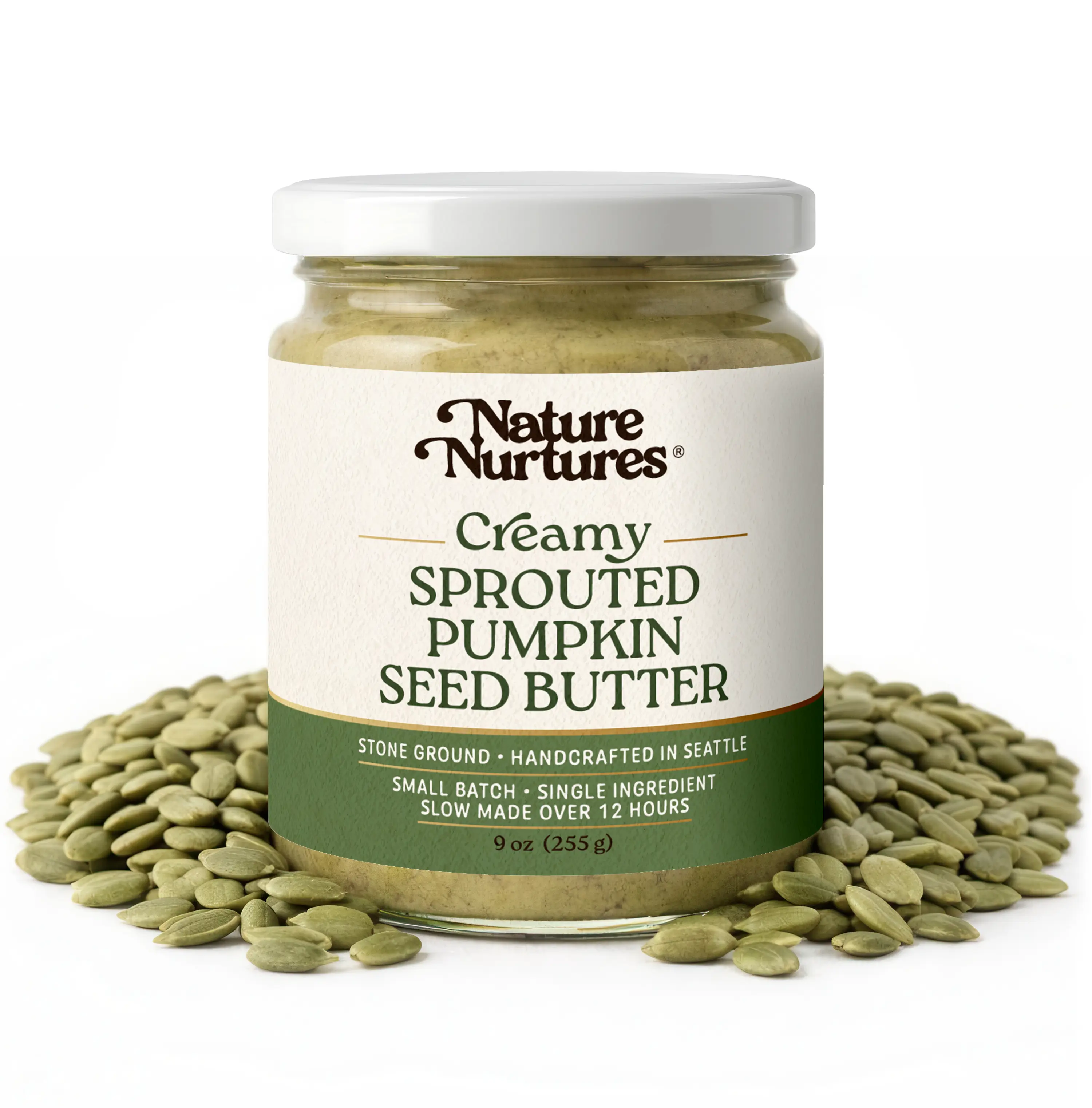 Creamy Sprouted Pumpkin Butter · 100% Sprouted Pumpkin Seeds · Single Ingredient · No Fillers · Raw · Stone Ground for 12 Hours · Handcrafted in USA · High Protein · 100% Pure & Natural · No Added Sugar · No Palm Oil · Packed in Glass Jar · 9 oz (255 g)