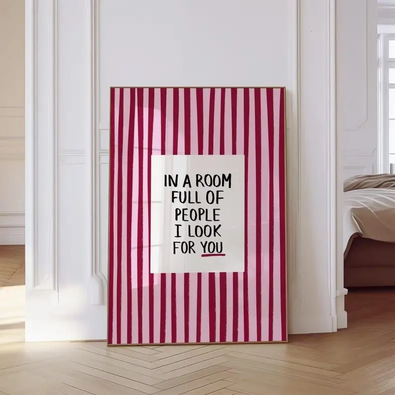 In a Room Full of People Song Lyric Print, Pink Striped Entryway Poster, Valentine’s Gift, Trendy Wall Art