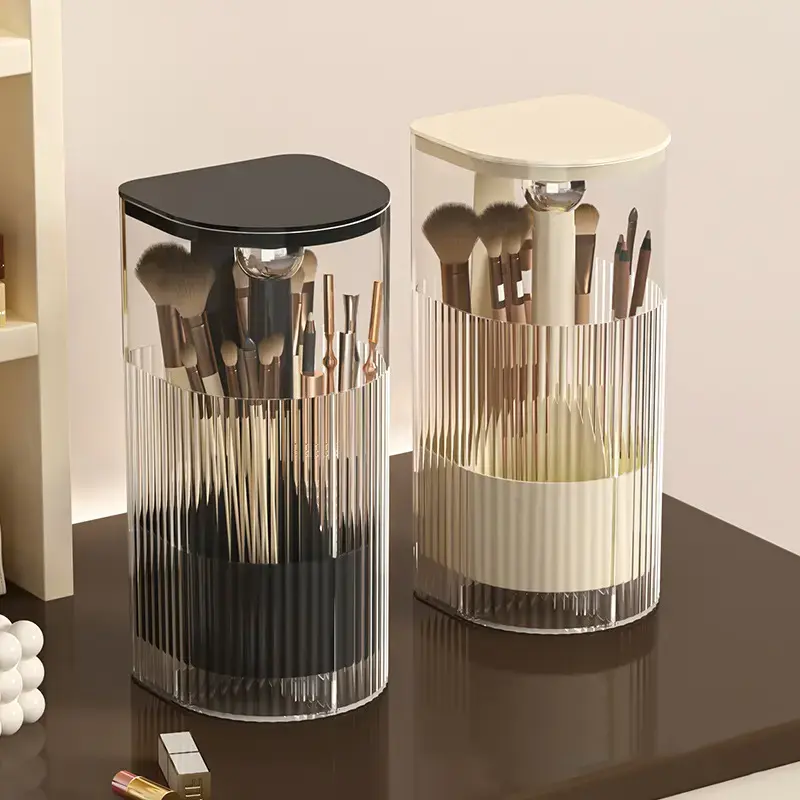 Press-Activated Lift Beauty Organizer Box, Transparent Dustproof Vanity Storage with Non-Slip Base, Space-Saving Easy-to-Clean Home Supply for Brushes, Lipsticks & Beauty Tools (Bathroom Countertop Use)