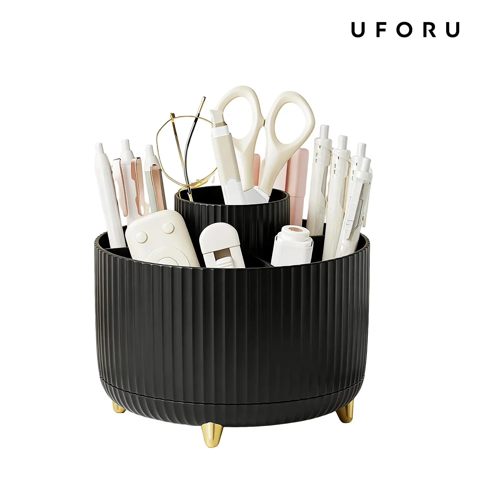 UFORU 360° Rotating Makeup Organizer - 5 Compartments, Smooth Luxury Stripe Design, Decor Vanity Setup Organizer Storage for Brushes, Lipstick, Skincare, Jewelry, Bathroom Accessories (Home Desktop Storage Box), 360° Swivel Cosmetic Organisers