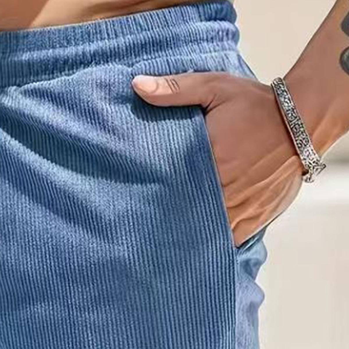 Men's Casual Corduroy Shorts with Drawstring Waistband, Side Pockets, and - Black, Polyester Fiber, Suitable for All-Season Outdoor Activities, Solid Color Regular Fit Summer Daily Commuting Versatile Simple Design