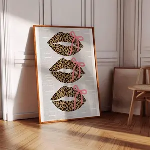 Leopard Kiss Lips Wall Art, Leopard Kisses Retro Newspaper Print-Trendy Wall Art-Pink Bows Coquette Decor-Digital Prints-Funky Printable Art