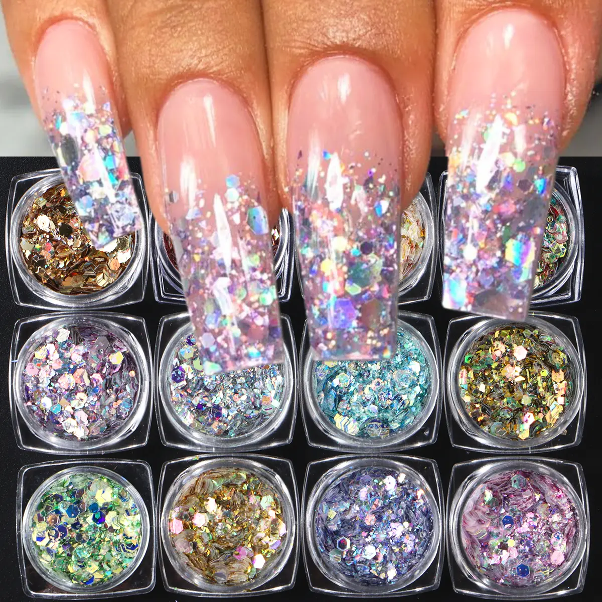 12-Color Bedazzling Glitter Kit, Chunky Holographic & Iridescent Hexagon Sequins for Gel Nail Art, Epoxy Resin, and DIY Accessories, Nail Tech, Manicure Nail Art, Glam Pack Glitter