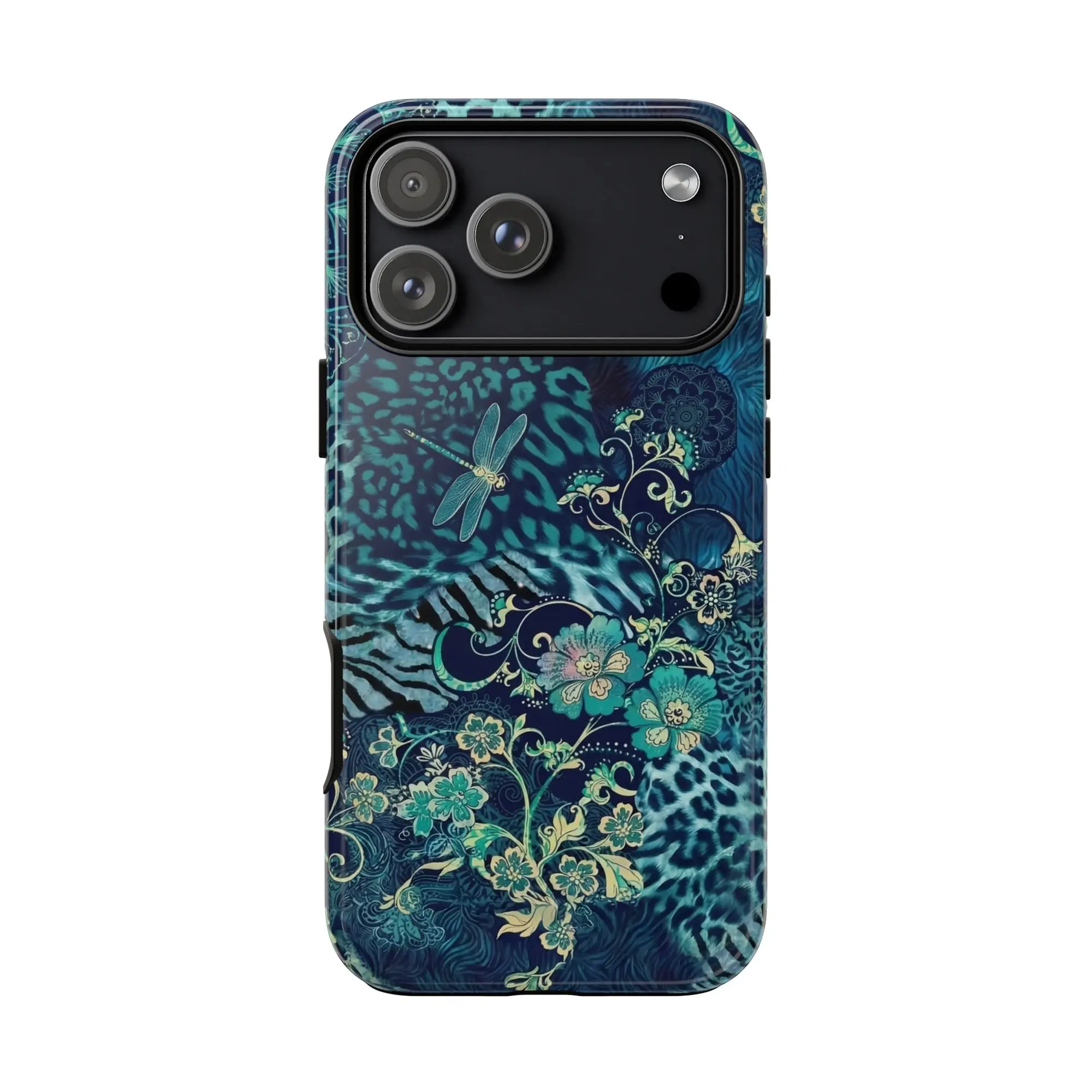 Teal Dragonfly Floral Phone Case Boho Leopard Mandala Cover Nature Inspired Bohemian Art iPhone 17 16 15 14 13 12 11 Gift for Boho Lovers