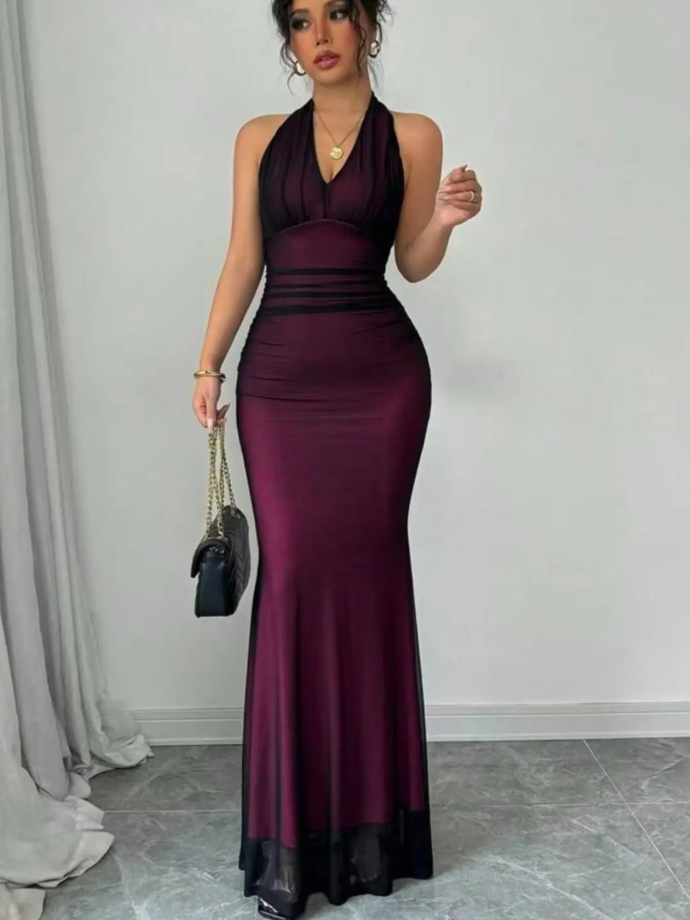 Women's Fashion Mesh Fabric Breathable Sleeveless Halter Neck Dress, Sexy Fish Tail Skirt Fit Formal Evening Gown, Plain Pattern, No Ca Prop, Stylish Nightwear, Bodycon Mermaid Hem